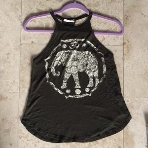 Halter-neck olive green tank, elephant print